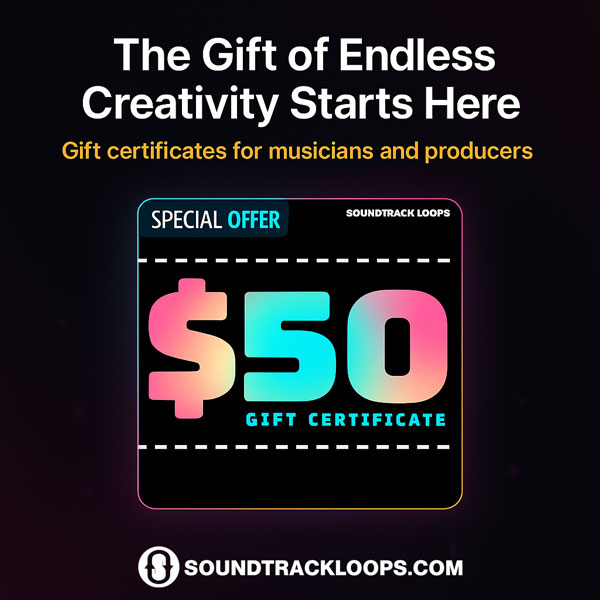 Soundtrack Loops digital gift card – perfect gift for music producers to download royalty-free loops, samples, and MIDI packs.