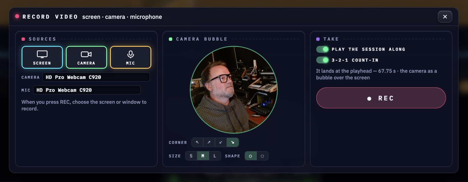 Array Studio Record Video: screen, camera and microphone sources, a round camera bubble in the bottom-right corner, session playback and 3-2-1 count-in