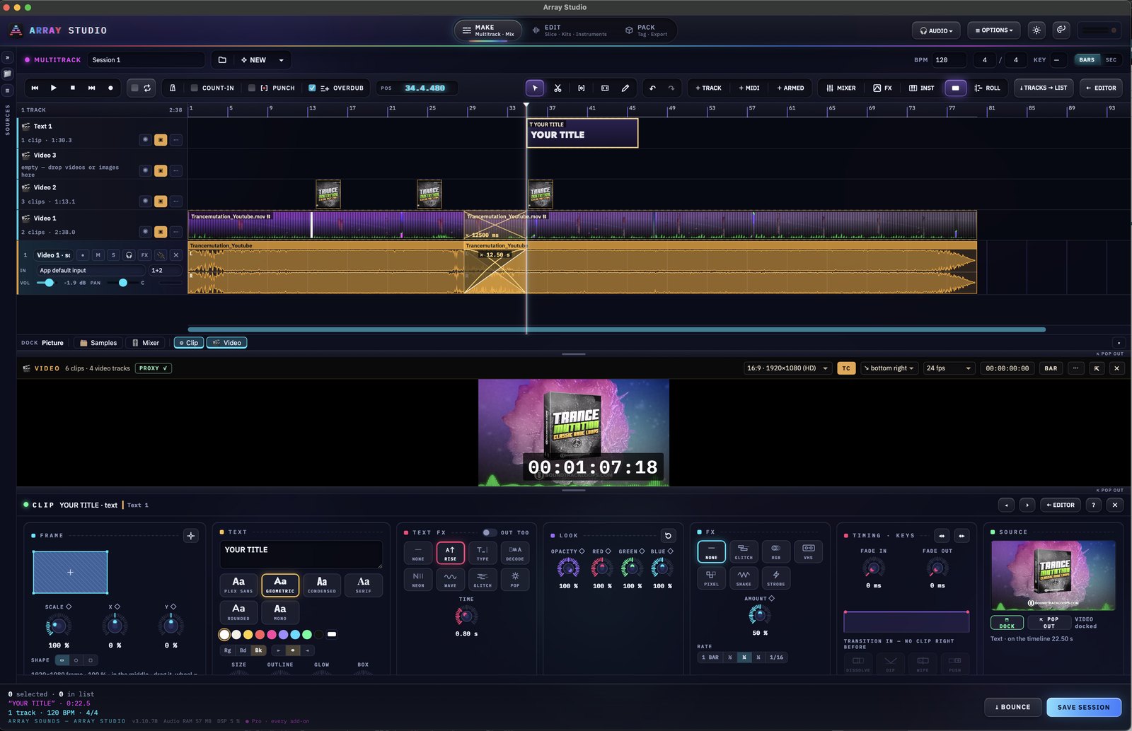 Array Studio video editing: video, picture and text tracks over the audio, the video preview with timecode, and the clip editor with text, text effects, look and FX controls